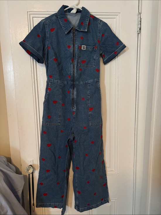 Lucy & Yak Pants - Lucy & Yak Blue Denim Jumpsuit with Red Heart Print